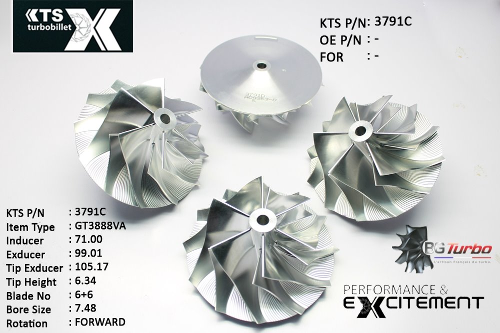 Turbo ROUE FORGÉE MFS PERFORMANCE - 6+6 PALES - INDUCER : 71 - EXDUCER : 99,01 - TYPE : GT3788VAANGLE : 45° - ROTATION : Forward - SUPER BACK : 5,4 - BORE SIZE : 7,48
